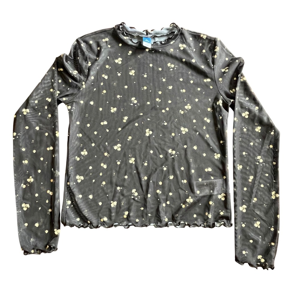Old Navy Kids Girl XL 14-16 Black Floral Sheer Mesh Long Sleeve Lettuce Edge Top